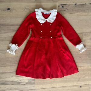 SMILING PINKER - Girls 
Peter Pan Collar Sweater Dress - Red - Approx Size 6